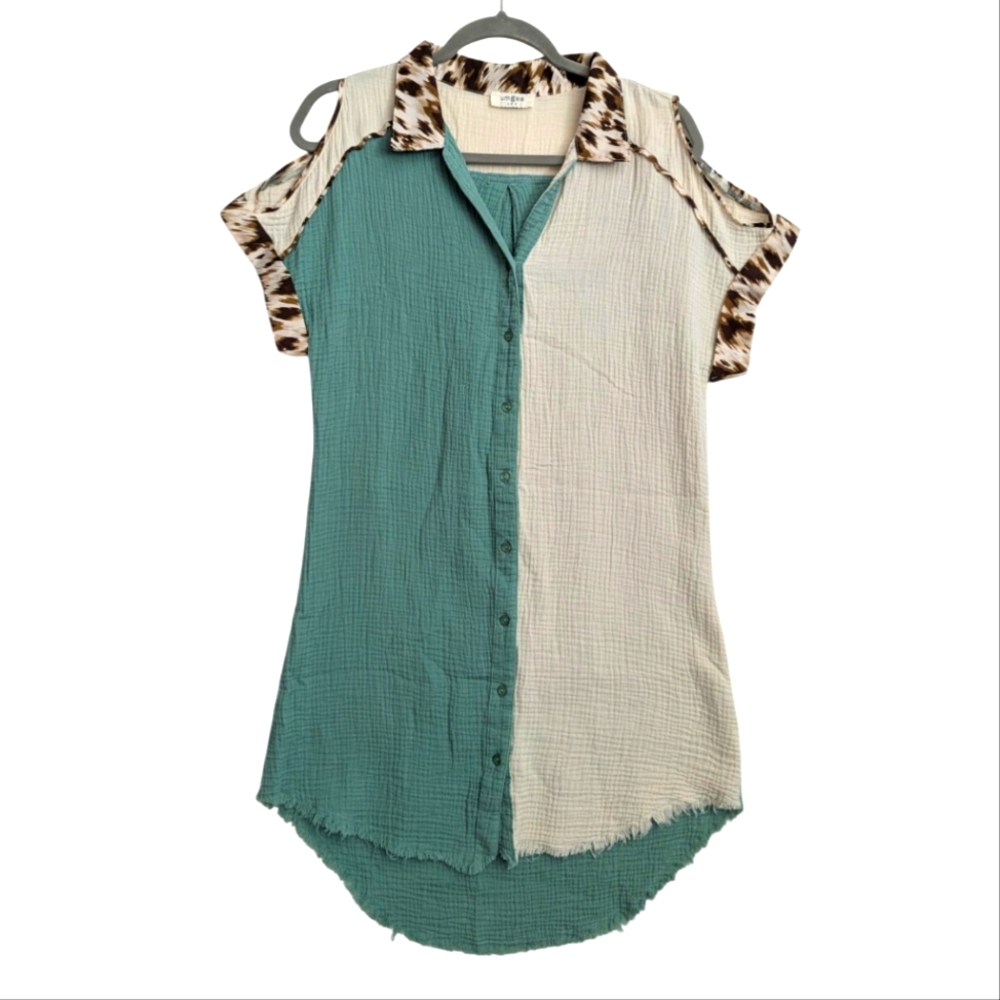 Umgee Short Sleeved Gauzy Shirt Dress Lepoard Print Sleeve Detail Size Small